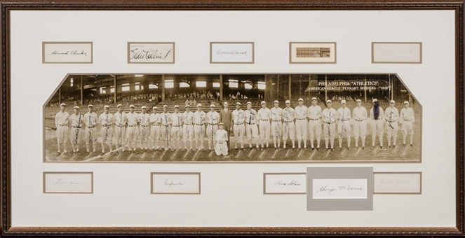 1929 Philadelphia Athletics Team Signed 7 x 30 Photograph in 19 x 37 Framed Display With 28 Signatures Including Foxx, Cochrane, Mack, Simmons and Grove (PSA/DNA & JSA)